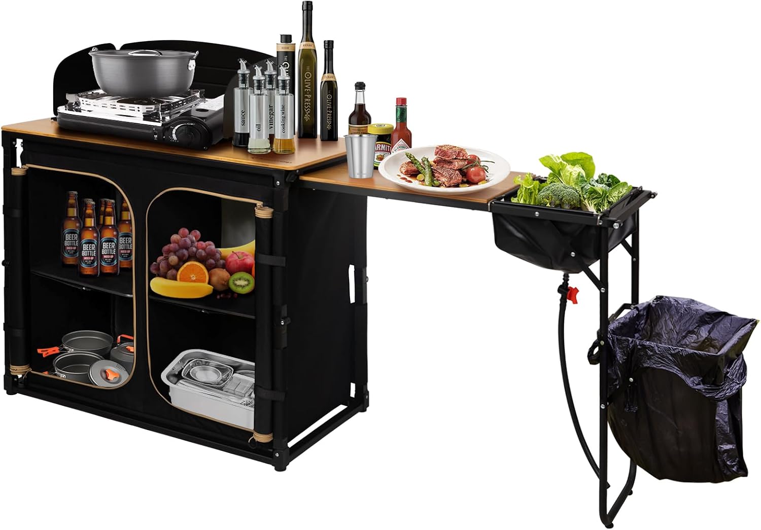 Camping Cooking Table With Windshield - Bamboo Camp Kitchen Station Folding Overland
