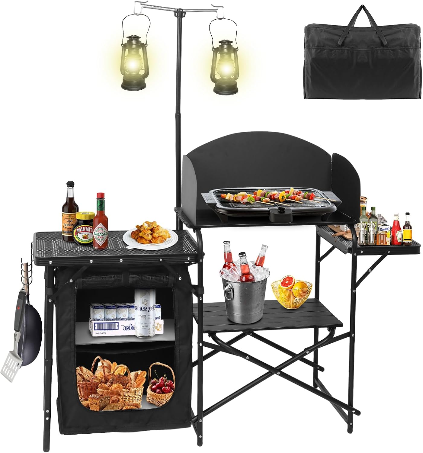 Camping Cooking Table With Windshield - Portable Foldable Camping Kitchen Station with