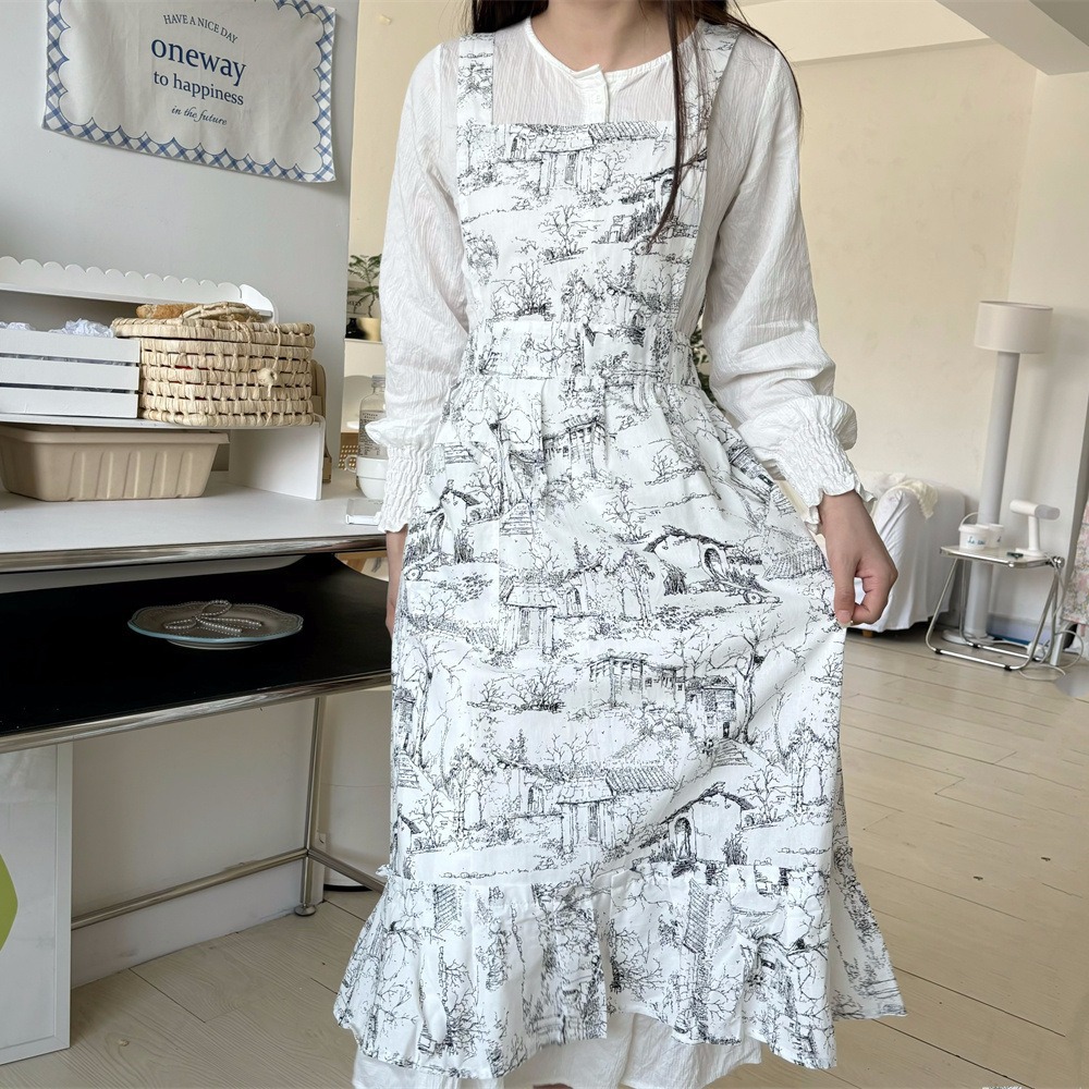 Women Ruffles Apron Cotton Ink - Camping Cooking Apron 评论和价格