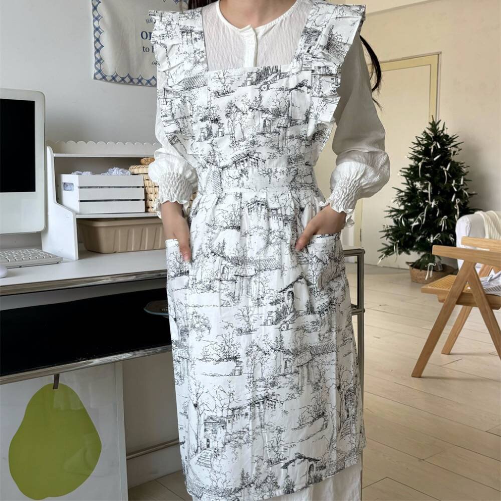 Women Ruffles Apron Cotton Ink - Camping Cooking Apron 评论和价格