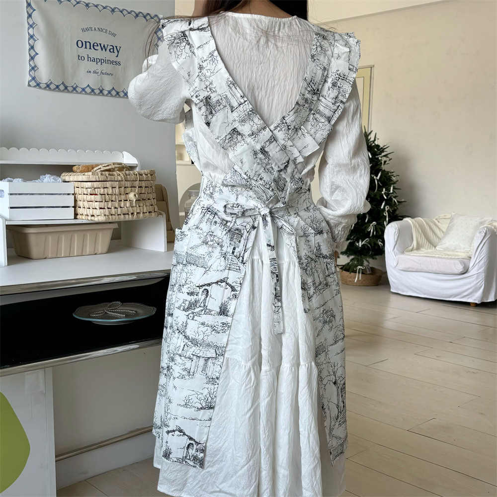 Women Ruffles Apron Cotton Ink - Camping Cooking Apron 评论和价格